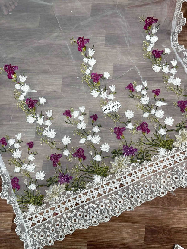 ELAF Luxury Cotton Embroidered 3Pc Unstitched Suit – Spengle & Cutwork Detailing