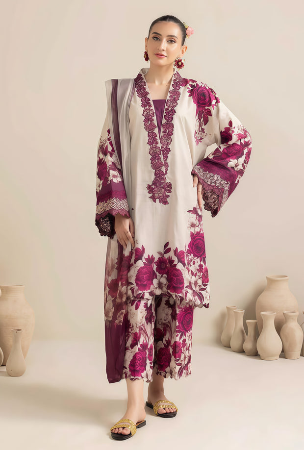 Adan Libas Lawn Embroidered Patchwork Unstitched 3PC Suit – Chiffon Dupatta