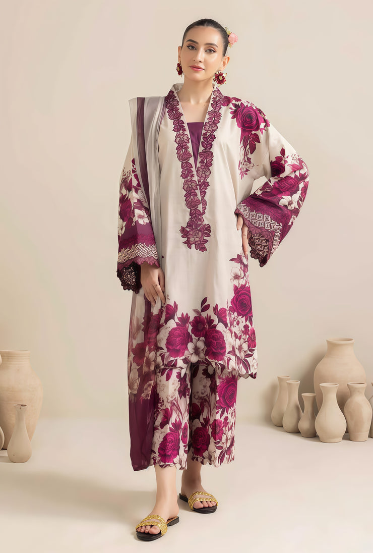 Adan Libas Lawn Embroidered Patchwork Unstitched 3PC Suit – Chiffon Dupatta
