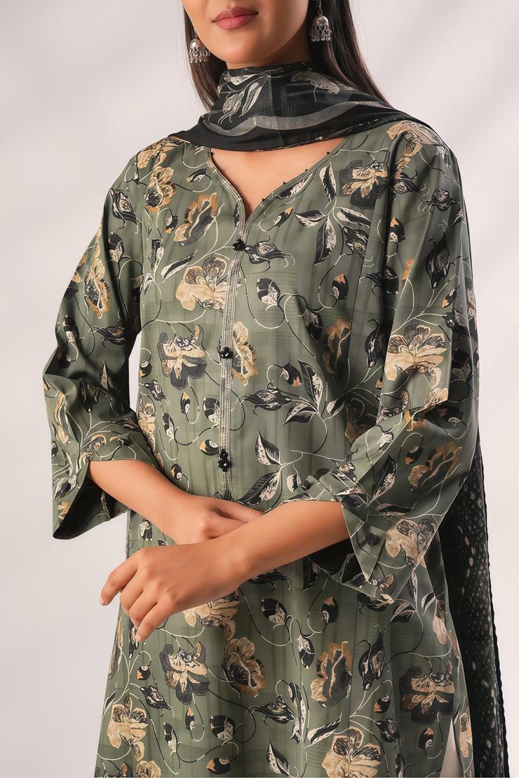 Saya Olive Green Unstitched Printed Lawn 3PC – Collection 2025