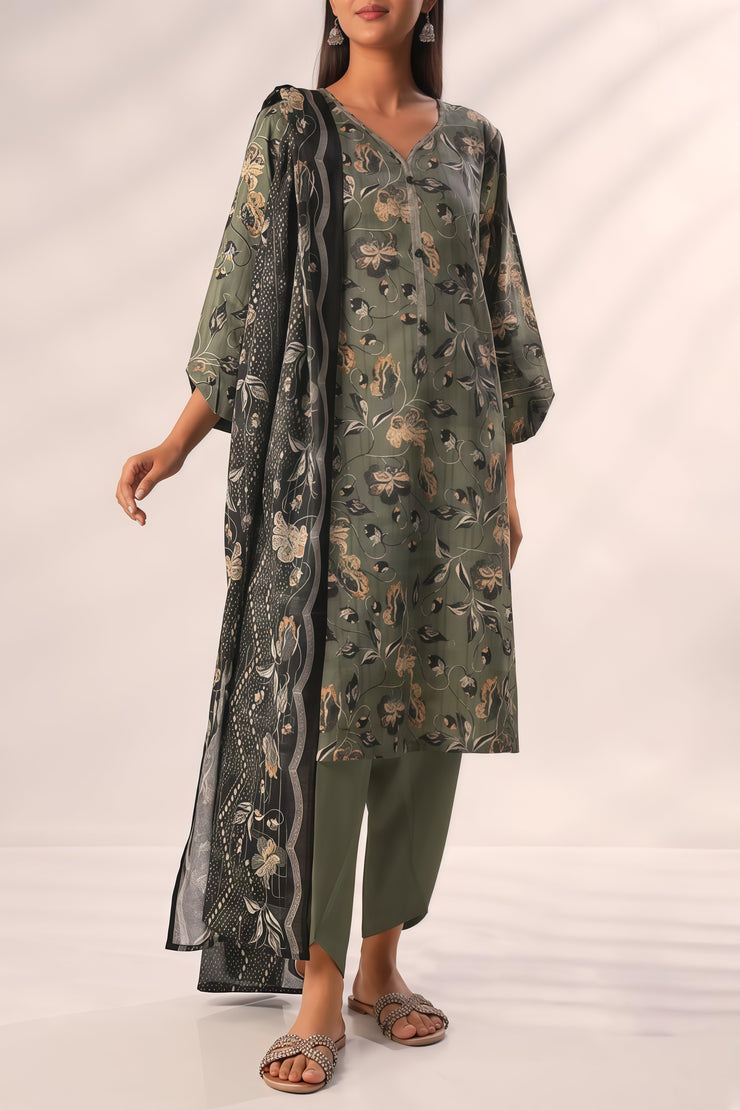 Saya Olive Green Unstitched Printed Lawn 3PC – Collection 2025