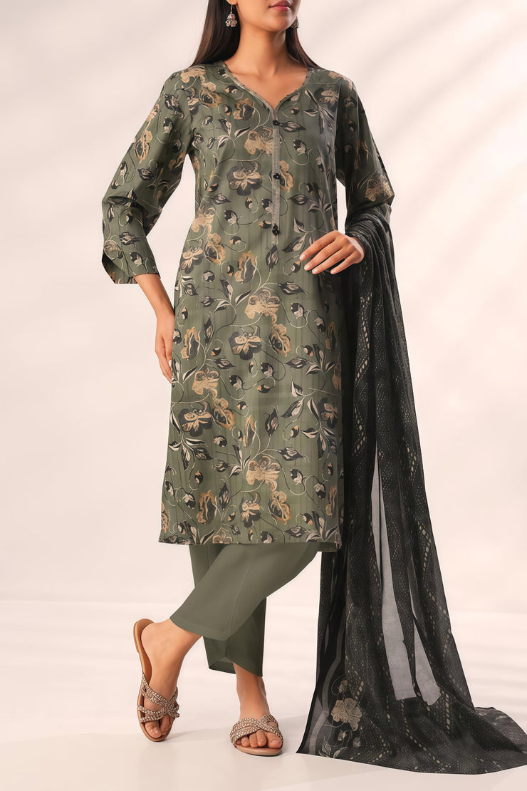 Saya Olive Green Unstitched Printed Lawn 3PC – Collection 2025