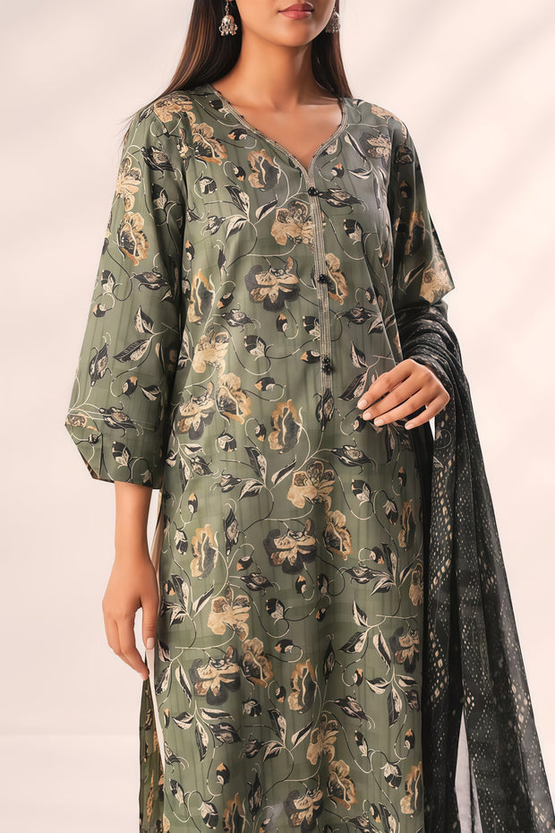 Saya Olive Green Unstitched Printed Lawn 3PC – Collection 2025