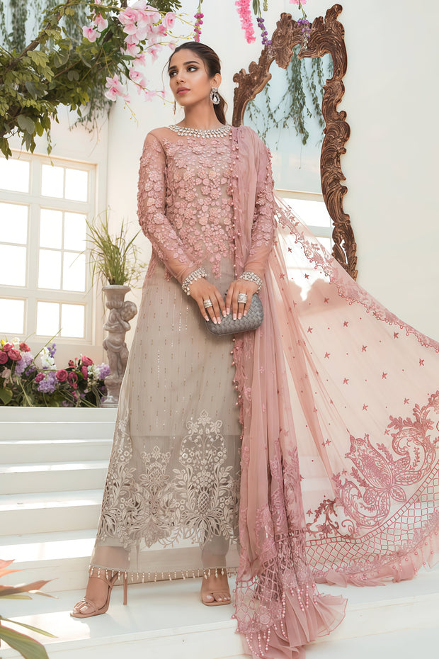 Maria.B Luxury Chiffon Embroidered Suit – Unstitched 3 Piece | 3D Floral Work
