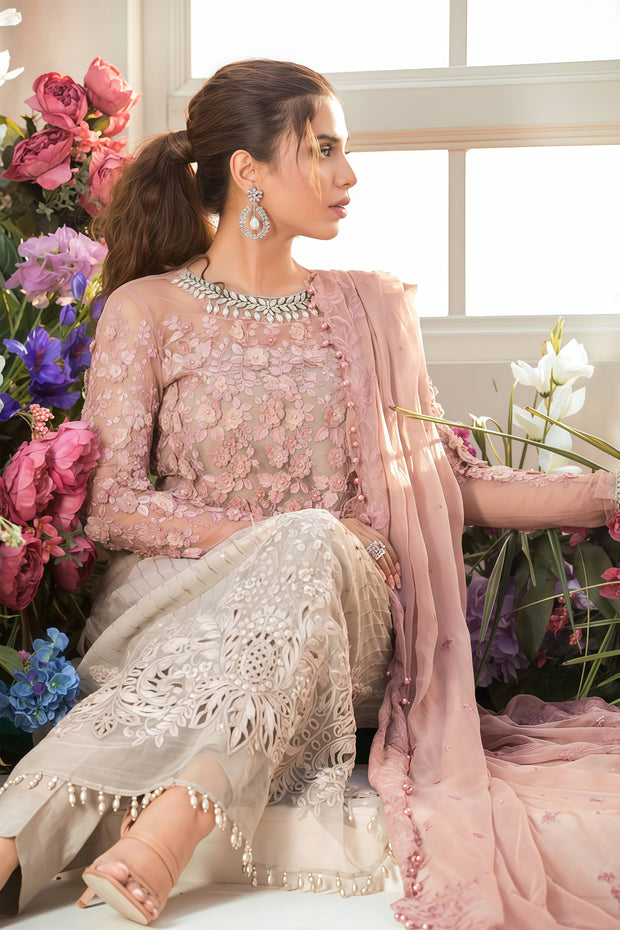 Maria.B Luxury Chiffon Embroidered Suit – Unstitched 3 Piece | 3D Floral Work