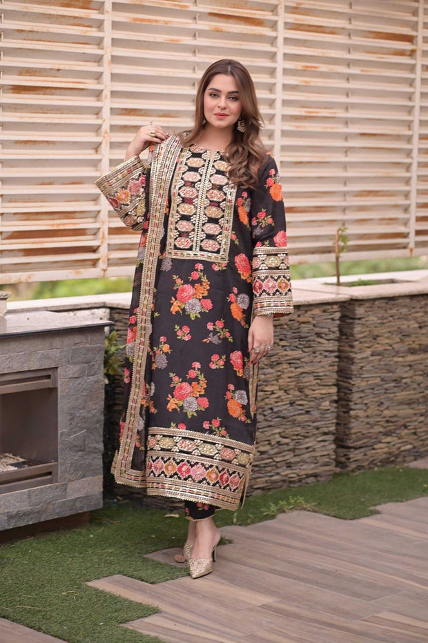 Aneela’s Premium Lilen  Unstitched Embroidered 3PC Suit