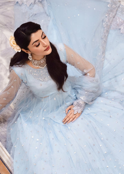 Elanora Sky Blue Maxi – Luxury Wedding Collection | Net Fabric with Koora Dabka & Pearl Hand Embroidery