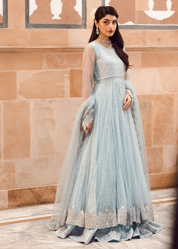 Elanora Sky Blue Maxi – Luxury Wedding Collection | Net Fabric with Koora Dabka & Pearl Hand Embroidery