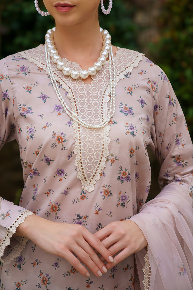 Baroque | Luxury Pret Lawn Suit - Dusty Pink Embroidered Organza Dupatta