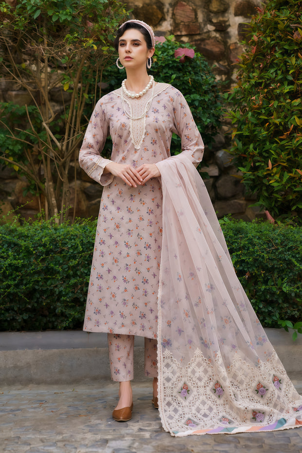 Baroque | Luxury Pret Lawn Suit - Dusty Pink Embroidered Organza Dupatta